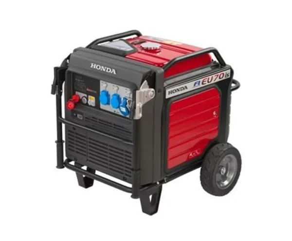 Honda EU70iS super-silent invertor generator with built in wheels and folding handles delivering 5500W output for your high power demand applications.